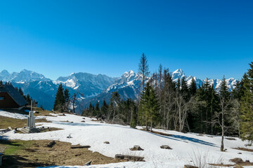 Scenic view of snowcapped mountain peaks of Julian Alps seen from Dreilaendereck, Karawanks,...