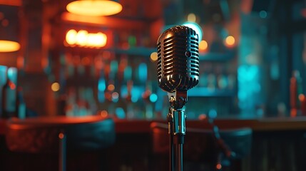 a vivid visual representation using AI, showcasing a metallic microphone set against a blurred background in a bar attractive look - obrazy, fototapety, plakaty