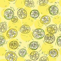 vector seamless doodle hand drawn pattern of lemon, lime slices on light yellow background
