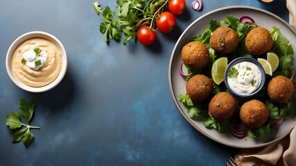 freshly prepared falafel served with yoghurt and hummus. View from a high angle with copy space