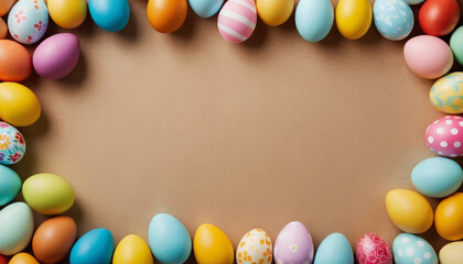 Obraz premium Colorful Eggs Arranged on Table. A vibrant group of eggs in various colors are positioned neatly on top of a wooden table, creating a visually appealing display.