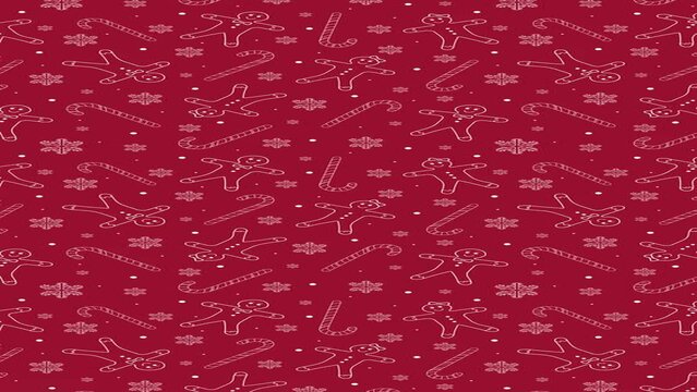 4K Animated Christmas Ginger Bread Cookies Candy Canes and Snow Fakes Vertical Motion Pattern Christmas sweets and decorations animated texture Can be used as card background or banner design template