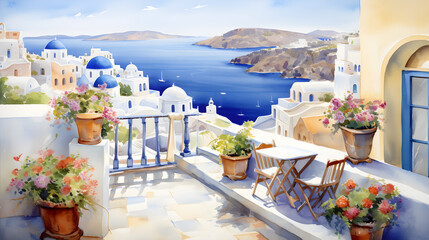 Watercolor illustration of a beautiful Greek island. Against the background of the blue ocean and mountains, the landscape stands out, where you can see white buildings with terraces surrounded by tre