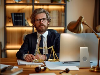 Lawyer Sitting at Desk With Scale of Justice - obrazy, fototapety, plakaty