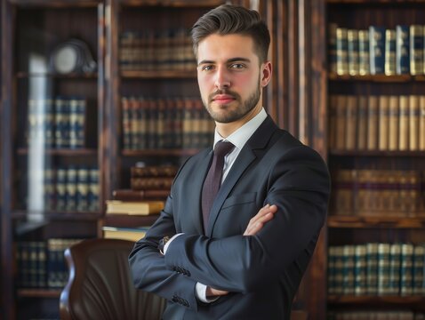 Man in Suit Standing in Front of Bookcase