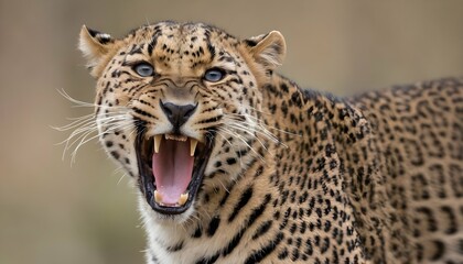 A-Leopard-With-Its-Mouth-Open-In-A-Silent-Roar- - obrazy, fototapety, plakaty