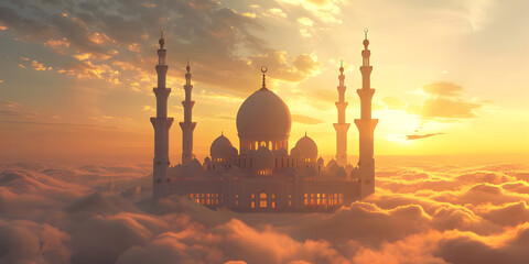 Mosque on the clouds in the sunset, Beautiful mosque in the clouds - Ai Generated - obrazy, fototapety, plakaty
