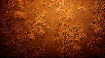 A brown and gold floral wallpaper with a floral design