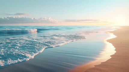 Coastal serenity where sea kisses sandy beach - obrazy, fototapety, plakaty