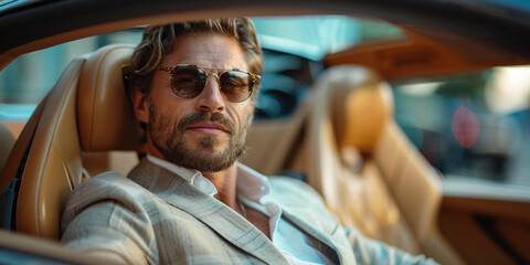 A confident, handsome businessman sits in a luxury coupe, exuding success and elegance. - obrazy, fototapety, plakaty