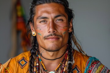 A handsome indigenous man in traditional attire reflects his cultural heritage with pride. - obrazy, fototapety, plakaty