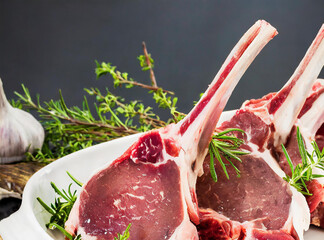 Costolette di agnello crude isolated in un piatto bianco composizione