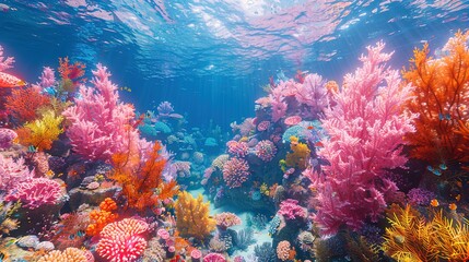 Vibrant coral reefs thrive beneath the crystal-clear waters, a kaleidoscope of colors in the unde