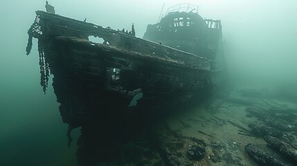 Through the depths, the ghostly outline of a medieval shipwreck emerges, a silent witness to bygo - obrazy, fototapety, plakaty