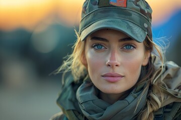 An elegant and confident military woman poses in uniform outdoors, radiating strength and dedication. - Powered by Adobe
