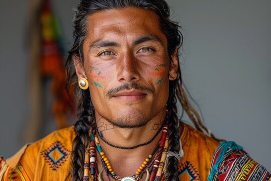 A handsome indigenous man in traditional attire reflects his cultural heritage with pride.