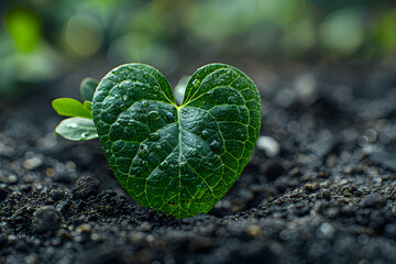 A heart-shaped arrangement of green leaves on the ground, representing plant growth and environmental protection.