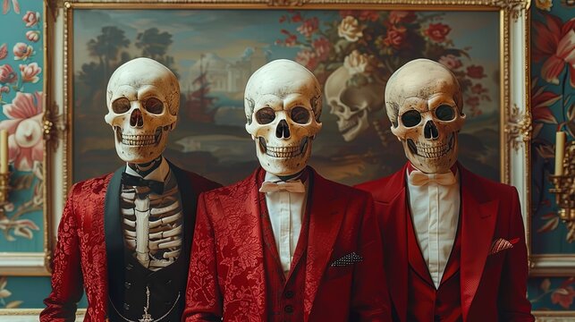 Playful yet sophisticated image featuring skeletons dressed in finely tailored suits, adding a to