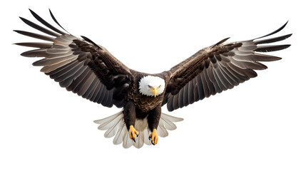  A dynamic shot of an American bald eagle soaring against a spotless white solid background, its outstretched wings capturing the spirit of the wild
