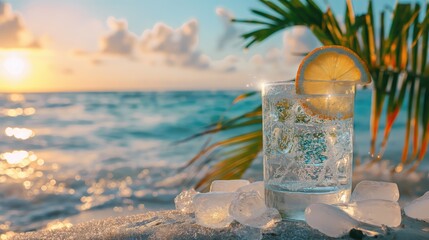 Cold transparent coctail with ice on sunny sandy beach under the palm leaves and ocean waves with clouds in the sky - obrazy, fototapety, plakaty