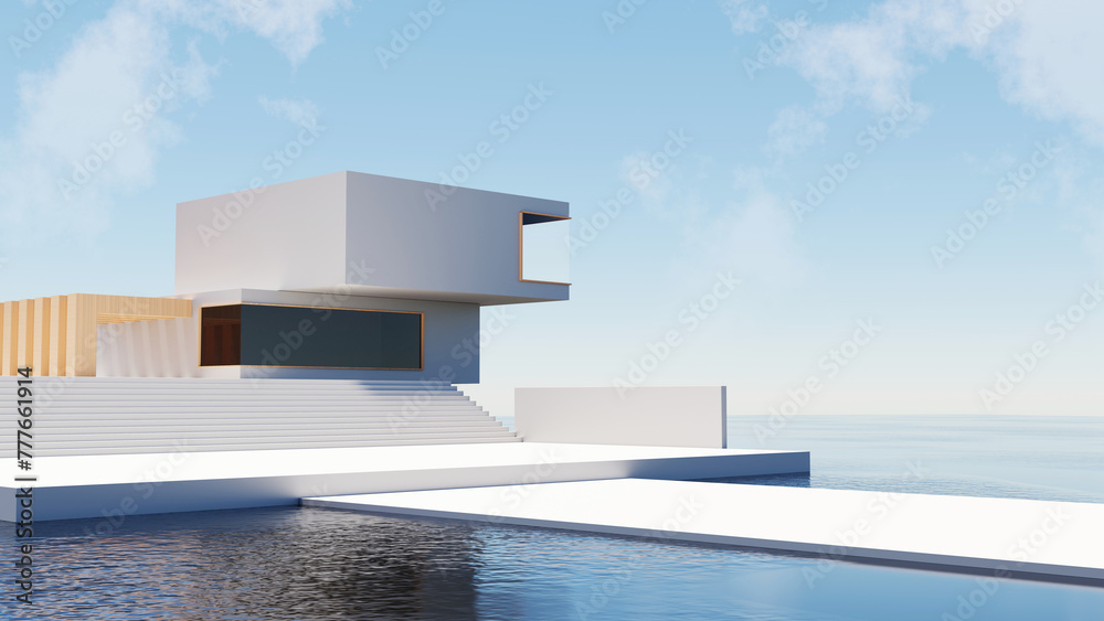 Wall mural 3d render, architecture building with landscape sea and sky background, abstract futuristic architec