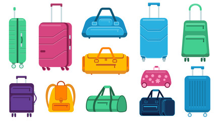 Collection  plastic suitcases, bags for luggage. Travel suitcases with wheels, travel bag, trip baggage 
