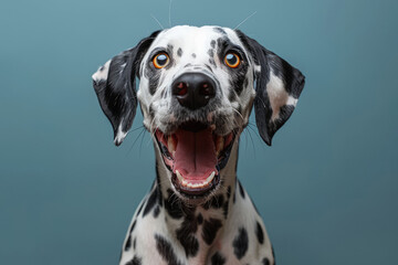 Portrait of a happy dalmatian dog with its tongue out on a bokeh background. Created with Ai - obrazy, fototapety, plakaty