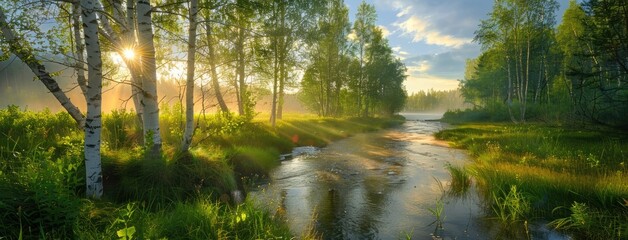 a spring meadow draped in mist, with a small river winding through, flanked by elegant birch trees after a refreshing rain shower.