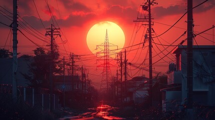 Dusk settles as a high voltage electric tower looms against the setting su - obrazy, fototapety, plakaty