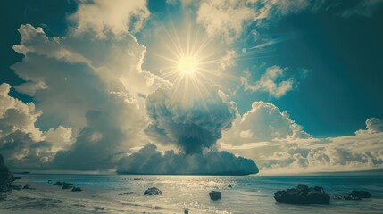 Nuclear blast over the ocean on sunny day. Fire mushroom cloud. Atomic bomb explosion during world war. AI Generated - obrazy, fototapety, plakaty