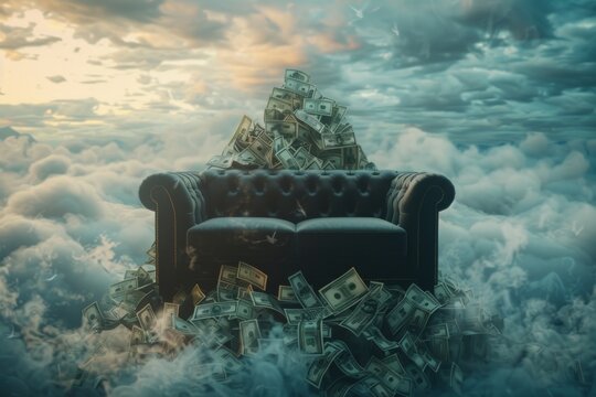 A couch is on top of a pile of money. The couch is black and the money is in various denominations. The image has a surreal and dreamlike quality to it, as if the couch and money have come to life