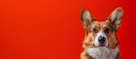 Portrait of cute joyful Pembroke Welsh Corgi, pet dog animal banner with copy space