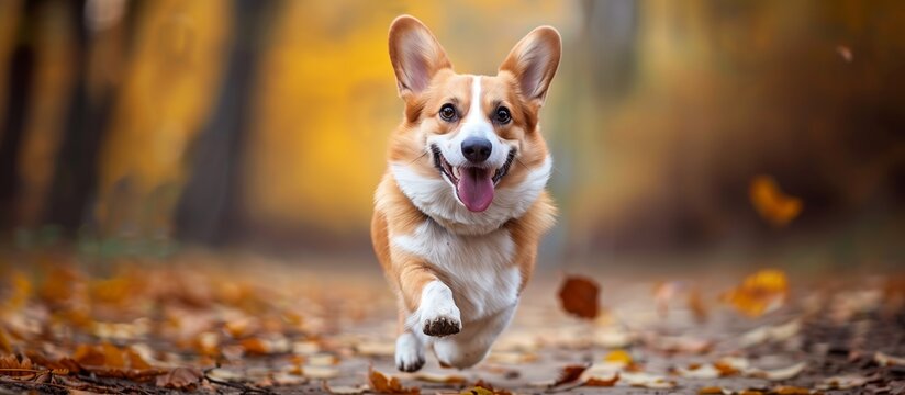 Portrait of cute joyful Pembroke Welsh Corgi, pet dog animal banner with copy space