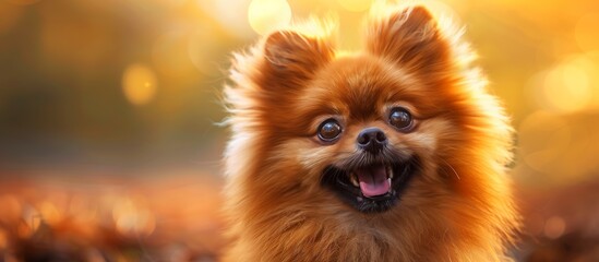 Portrait of cute joyful Pomeranian, pet dog animal banner with copy space