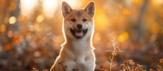 Portrait of cute joyful Shiba Inu, pet dog animal banner with copy space