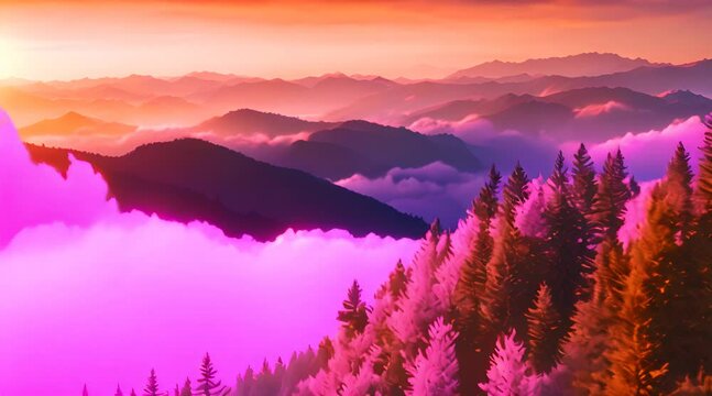 As the sun sets over the mountains, the sky is painted in shades of pink and gold, casting a warm glow over the world below