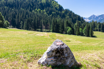 Rock with path mark on lush green alpine meadow with scenic view of Karawanks mountains, Bodental, Carinthia, Austria. Looking at majestic summit of Kosiak. Remote alpine landscape in Austrian Alps - obrazy, fototapety, plakaty
