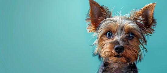 Portrait of cute joyful Yorkshire Terrier, pet dog animal banner with copy space - obrazy, fototapety, plakaty