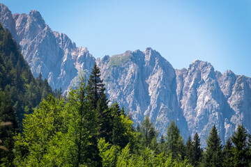 Panoramic view of majestic mountain ridges of Karawanks in Bodental, Carinthia, Austria. Looking at...