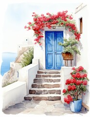 Fototapeta na wymiar Greek Village Scenery Illustration on white background