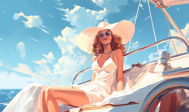 Beautiful women relax on luxury yacht in summer, illustration generated ai
