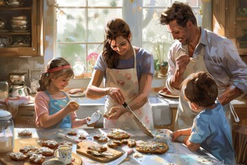 Overjoyed young family with little daughter doing bakery in kitchen together, happy parents enjoy weekend with small girl child baking biscuits pastries, making pie at home AIG42E