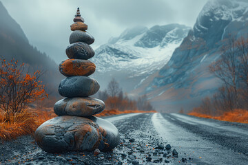 A photograph of a balanced cairn made from smooth stones, standing on the side of an icy road in Norway with snowcapped mountains and dense forests in autumn in the background. Created with Ai - obrazy, fototapety, plakaty