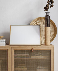 Obraz premium Home interior mock up, cozy modern room with natural wooden furniture, 3d render