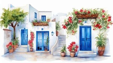 Greek Village Scenery Illustration on white background