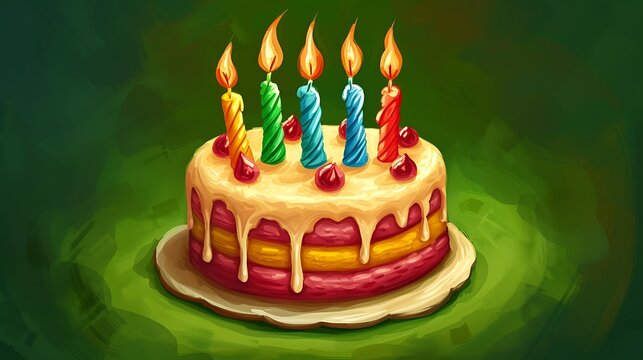 an AI image of a delightful birthday cake with vibrant colors and lit candles, presented in jpg format on a clean green background attractive look
