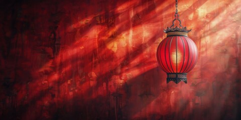 Red Chinese Lantern Hanging on Wall - obrazy, fototapety, plakaty