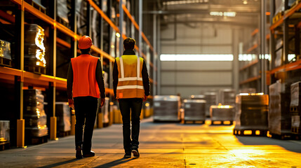 Staff in reflective vests walking in a warehouse. Back view.