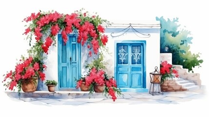 Fototapeta premium Greek Village Scenery Illustration on white background