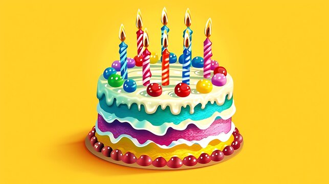 an AI image of a joyous and colorful birthday cake with candles, presented in jpg format on a yellow background. attractive look